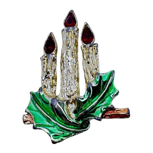 Christmas Candle Brooch Pin Vintage Jewelry Holly Triple Red Flames Holidays - Picture 1 of 5